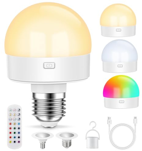 Bombilla recargable con mando a distancia, bombilla recargable por USB-C con batería, 15 colores regulables, bombillas LED RGB con función de temporización, luz de emergencia para camping al aire