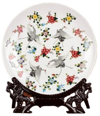 JingdezhenPorcelainDekorativ Wobble-platta, Kinesisk stil Lysande tallkran Flygande Fågel Djur Hem Wobble-Plåt Med Display Stativ Dekoration Hushållstallrik Dekorativa handgjorda bröllopspresenter Por
