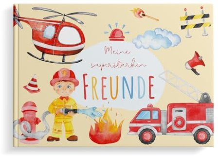 MeinBaby123® Freundebuch für Kinder, Kindergarten, Schule, Jungs, Freundschaftsalbum, Geschenk für Kinder - Feuerwehr