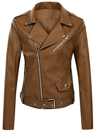 Giacca in Pelle a Maniche Lunghe da Donna Giacca in Pelle da Moto Giacca in Pelle PU Giacca da Donna alla Giubbotto Sportivo Donna Invernale Donna Giubotto (Brown, M)