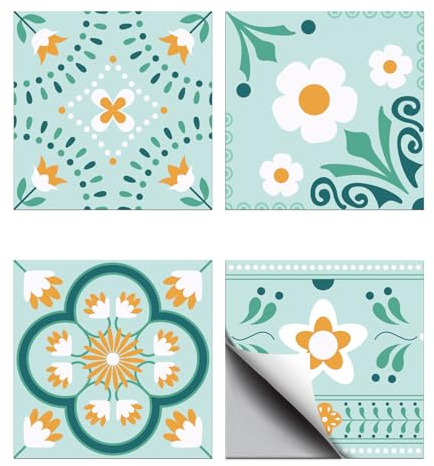 CHGCRAFT 36pcs 4 Styles Blue Flower Geometric Figure Tile Stickers Waterproof Tile Stickers Square with Flower Pattern for Kitchen Bathroom Bedroom Wall Floor Decoration, Aquamarine, 3.9×3.9inch