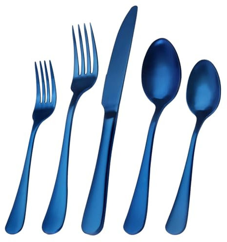 Set di posate in argento blu, 20 pezzi, set di posate, utensili in acciaio inox, servizio per 4 persone, con forchetta e cucchiaio, tovagliette in plastica (blu, taglia unica)