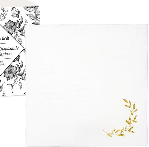 JoyfulArtink Tovaglioli da cocktail usa e getta, tovaglioli decorativi per bevande per decoupage, matrimoni, anniversari, feste di compleanno (carta Airlaid bianco sporco e oro (25 x 25 cm, cocktail