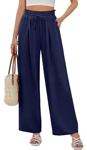 CMTOP Pantalones Mujer Verano Pantalones Casual Suelto Rectos Pantalon Ancho Elegante Comodo Pantalones Casuales Elástico Holgado con Cordón
