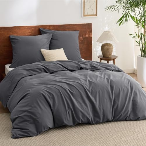 BEDSURE Bettwäsche 200x220 Baumwolle 3teilig - Anthrazit, 2 Kissen 80x80 cm | 100%Baumwolle Bettwäsche Set mit Reißverschluss, 1 Bettbezug+2 Kissen, Gewaschene Leinenoptik, Atmungsaktiv & Weich, Oeko-TEX