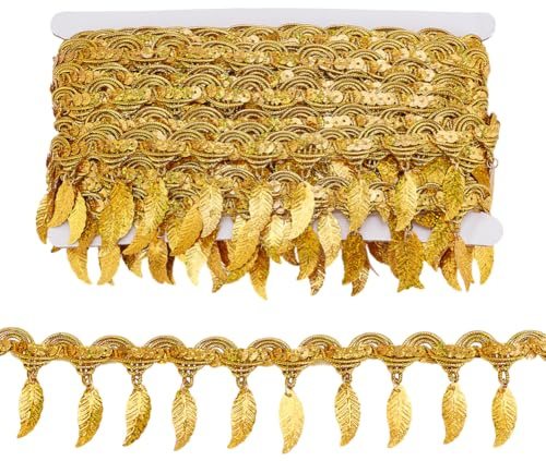 PH PandaHall 10 Yards Gold Pailletten Fransenbesatz Blatt Quaste Band Stoff Dekobesatz Goldfarben Kantenbesatz Nähband Zum Nähen Heimdekoration