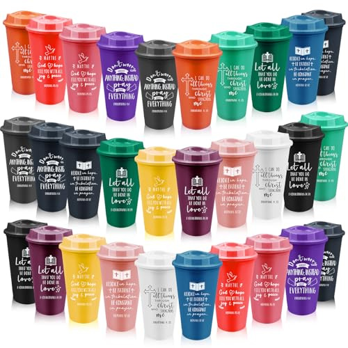 Lot de 30 tasses à café chrétiennes réutilisables, 473,2 ml, gobelets en plastique avec couvercle et paille, verset de la Bible inspirant, tasses à café de voyage en vrac pour boissons froides