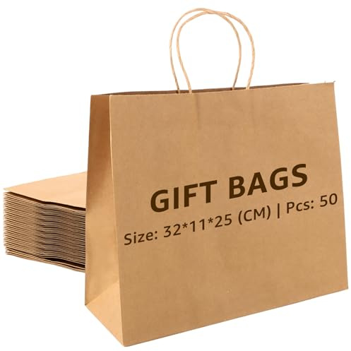 FWEEK 50 Stück Papiertüten mit Henkel, 32x11x25CM Groß Braun Geschenktüten, Kraftpapier Tüten Henkel Papiertragetaschen Papiertüten für Geburtstagsfeiern, Geschenke, Einkaufen, Einzelhandel