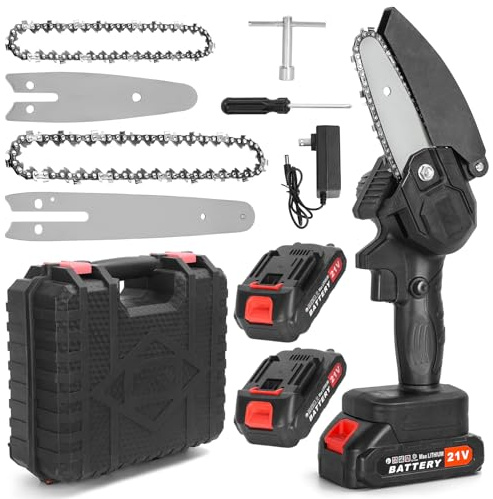 Mini motosierra inalámbrica de 4/6 pulgadas, motosierra eléctrica plegable con 2 baterías y cerradura de seguridad, madres sin escobillas, motosierra ligera para podar y cortar madera negra