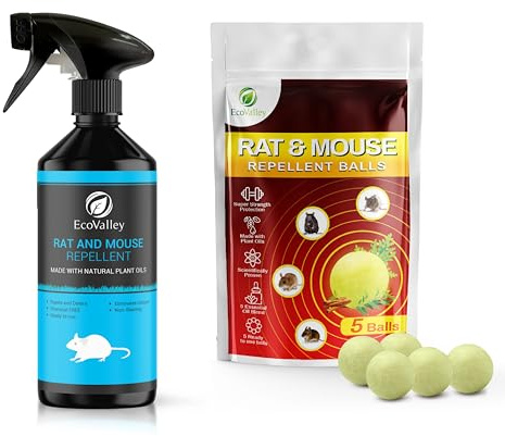 Ecovalley Rat & Mouse Repellent Kit - 5 Pack Repellent Balls & 500ml Rodent Repellent Spray, Mouse Deterrent Set, Mouse Poison Alternative, Humane Mice Repellent & Rat Deterrent