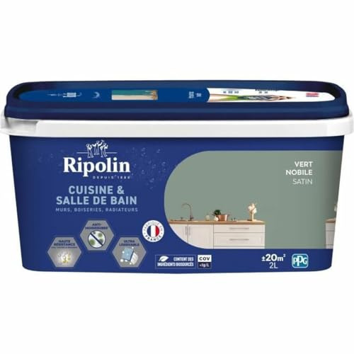 RIPOLIN Peinture Intérieure Cuisine et Bain Effet Perlant Vert Nobile 2 L | Peinture Spécialement Conçue pour les Pièces Humides, Technologie 'effet Perlant', Grande Résistance aux Graisses