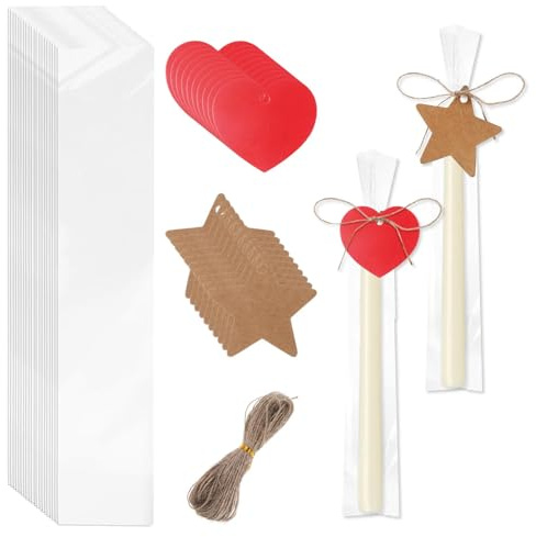 200 Stück Kerzentüten Cellophantüten 7x30cm, OPP Kerzen Tütchen mit Kraftpapier Geschenkanhänger und Juteschnur, Plastiktüten Klein für Gastgeschenke Kommunion, Weihnachten, Party und Geschenke