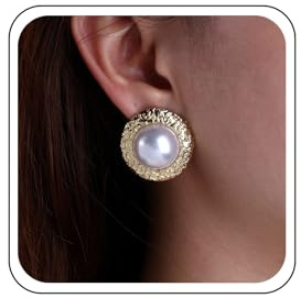 Inateannal Large Round Pearl Earrings Gold Chunky Pearl Studs Big Disc Coin Earrings Statement Geometric Pearls Earring Palace Jewelry for Women