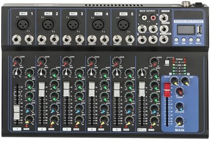 Donened - DJ Mixer, Audio Mixer with 7-Channel Microphone Input, 3-Frequency Equaliser, Bluetooth Portable Stereo Mixer with LCD Display, for Computer Recording Live Streaming Podcasting Karaok