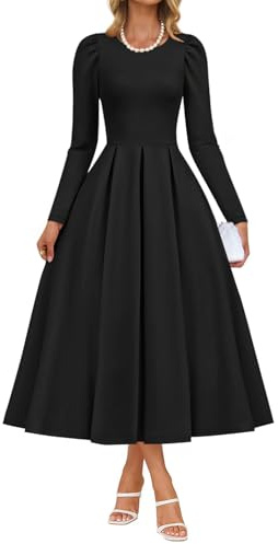 ZESICA Women's Long Sleeve Midi Dresses 2026 Spring Elegant Crewneck Swing A Line Wedding Guest Party Dress with Pockets,Black,Medium