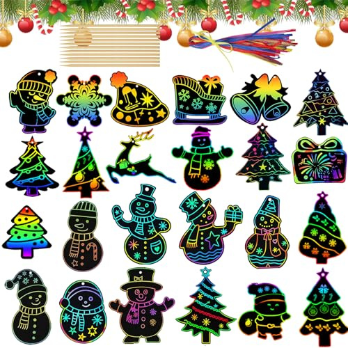 ROEOWENE 24pcs Weihnachten Kratzbilder Scratch Painting Set | Kratzpapier Regenbogen Scratch Art Rainbow diy Weihnachten Basteln Bastelset für Weihnachtsbaum,Deko Party Geschenk