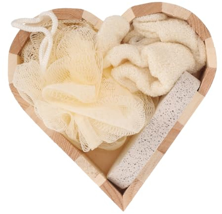 ERINGOGO Herzförmiges Heimbade Peeling Satz mit Holztablett aus Pe Schwamm und Bimsstein Fördert die Durchblutung für Entspannendes Badeerlebnis zu Hause