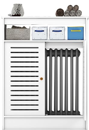 Cache-Radiateur Blanc Avec Grille à Persiennes Et éTagèRe, Meuble De Rangement DéCoratif En Bois Avec 2 Portes Pour Salon Et Salle De Bain(60x20x90cm/24x8x35)