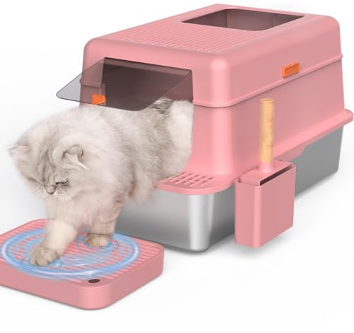 I IHAYNER Stainless Steel Cat Litter Tray XXL with Lid High Sided Leak Proof Metal Litter Box with 105° Flip Lid Scoop & Activated Carbon Odour Control Extra Large Enclosed Cat Toilet (Pink)