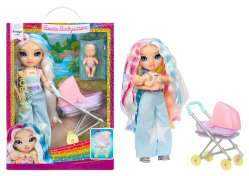 Rainbow High Jr. High Bestie Babysitters – Amaya Raine, 23cm Fashion Doll | Baby Doll Included, Working Stroller, Removable Bassinet, Baby Bottle, Comb, Outfit and Accessories, For Ages 4 to 12+