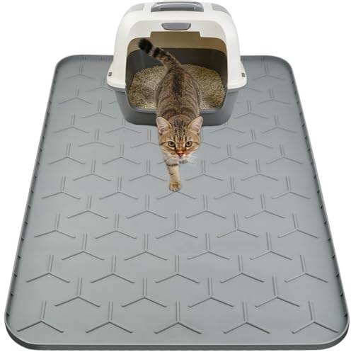 BOPEUY Silikon Katzentoilettenmatte, Große Katzenklo Matte 86x56cm, Unterlage Katzenklo Wasserdichte Rutschfest & Leicht zu Reinigen, Katzenstreu Auffangmatte - Freundlich zu Katzenpfoten - Grau
