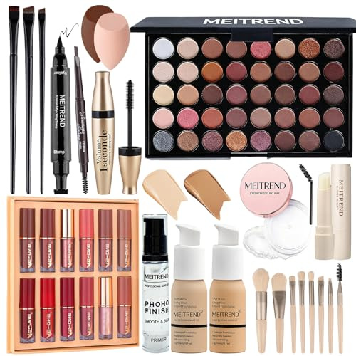 Schminkset für Frauen, All in One Makeup Kit, Kosmetik Geschenkset mit 40 Farben Lidschatten Palette, Lippenstift Set, Foundation, Face Primer, Augenbrauenstift, Augenbrauen Seife, Makeup Schwamm