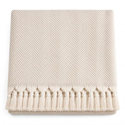 Alupedia Boho Kuscheldecke mit Quasten – Moderne Wohndecke im Fischgrät Design – Sofaüberwurf & Plaid für Couch, Bett und Wohnzimmer (Cremebeige, 200x240)