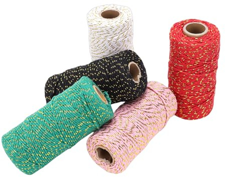 Cryfokt Cordel de Panadero, 5 Rollos de Cordel de Algodón, de Alambre Dorado con Elegante Alambre Dorado para Hornear, Envolver Regalos, Manualidades, Decoraciones Navideñas, Fabricación de Joyas