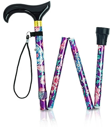 Amazing Health Folding Patterned height adjustable Walking Stick with Smart Wood handle and Carry Case (Purple Flowery)