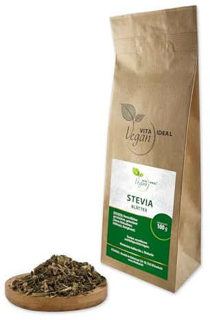 VITA IDEAL Vegan® SÜßKRAUT - Blätter 100g geschnitten & getrocknet - STEVIA rebaudiana - SÜßKRAUTBLÄTTER - SÜsskraut - Sueßkraut Kräuter Tee, Öle Tinktur & Aufguss. Kräutertee ohne Zusatzstoffe.