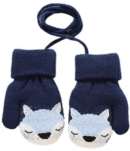 Baby Toddler Cute Fox Winter Warm Knitted Magic Mittens Gloves with Furry Lining Hanging On Neck Mittens for Girls Boys Age 1-3Years