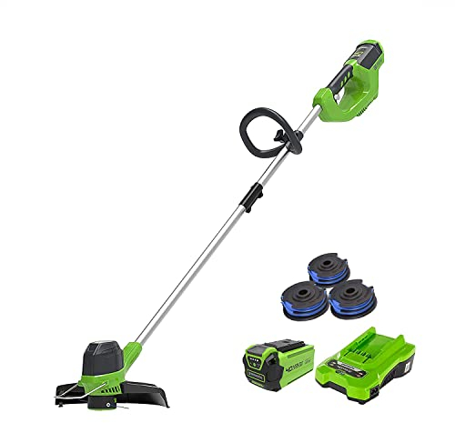 Greenworks Coupe-bordures G40LT avec 3 bobines double fil (Li-Ion 40 V 30cm largeur de coupe 7000 tr/min tête de coupe rotative et inclinable manche aluminium avec batterie 2Ah et chargeur)