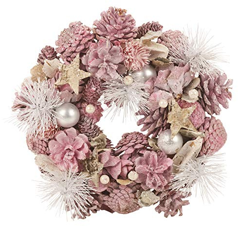 URBNLIVING Artificial Christmas Wreath, Resin Material Pinecone Leaves Berries Xmas Indoor Outdoor Ornament Display Item, 24-34cm, Multiple Colours (Pink, 34cm)