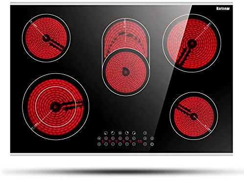 Karinear 30 Inch Electric Cooktop 30 Inch 5 Burners Electric Stove Ceramic Cooktop, Drop-in Radiant Stovetop with Front and Back Metal Frame, Lock, Timer, 8400W, 220-240V, Hard Wire, No Plug
