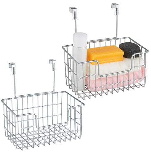 JUNCHU CHERRY Wire Hanging Storage Basket 2 Packs, Wall Mounted Kitchen Bathroom Storage Basket, Home Multi-Functional, no Punching, Bearing Strong, Suitable for Home, Office,Chrome