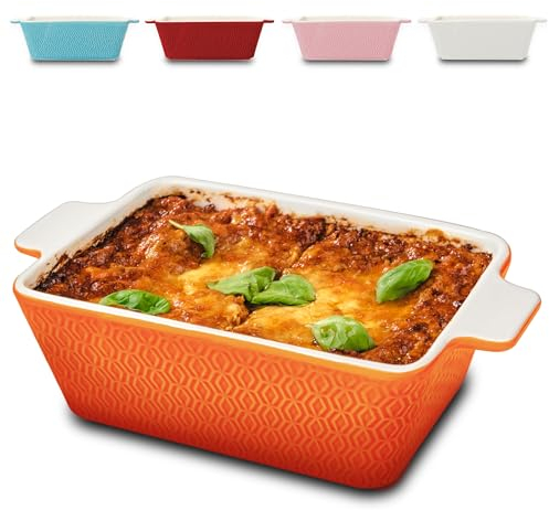 Praknu Fuente de Cerámica para Horno Pequeña - Antiadherente y Antirayones - Borde extra Alto - Rectangular (Naranja)