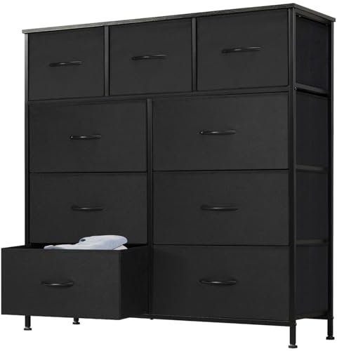 DUMOS Kommode mit Schubladen - Kommoden & Sideboards für Schlafzimmer Geeignet, Komodenschrank mit 9 Schubladen, Stoffkommode mit Stabilem Stahlrahmen, Ideal für Schlafzimmer, Wohnzimmer (Schwarz)