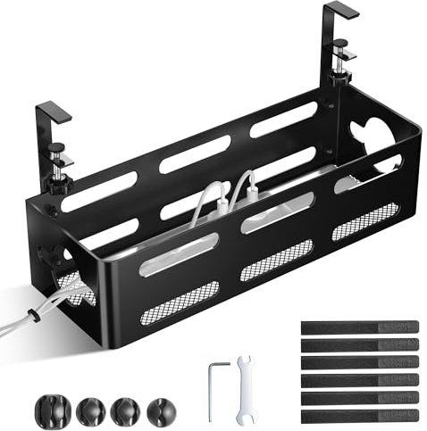Cinati Cable Management Tray Under Desk No Drilling Upgraded Clamp Cable Management Box Desk Wire Management for Office Home - No Damage to Desk (Black)