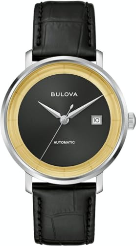 Bulova Herren Armbanduhr Rat Pack Automatik mit schwarzem Lederarmband, Gehäusedurchmesser: 40 mm, 96B406