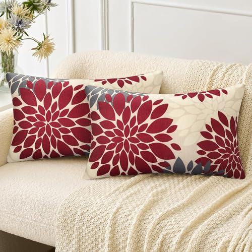 Velvhom Taie d'oreiller Décoratif 30x50 Housse Coussin en Lin Housses Coussins Rouge et Gris Fleurs de Dahlia Taie d'oreiller Bohème Art pour Chambre, canapé, Chaise, Lit, Jardin, Lot de 2