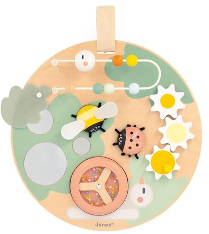 Janod - Panneau d'Activités Sweet Cocoon - 7 Activités Premier Age - Jouet d'Éveil Busy Board - Développement Motricité Fine - Jouet en Bois FSC - Peinture à l'eau - Dès 12 Mois,J04057