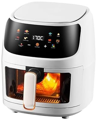 Friggitrice senza olio 8L – 1400W Friggitrice ad aria con grande finestra | Airfryer con touch screen LED, 8 programmi, funzione forno (bianco)