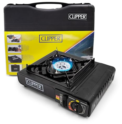 Hornillo de Camping Portátil Clipper - Compacto, con Maletín de Transporte - Compatible con Cartucho de Gas Certificado EN17476 ó UL147B - Ideal para Acampada