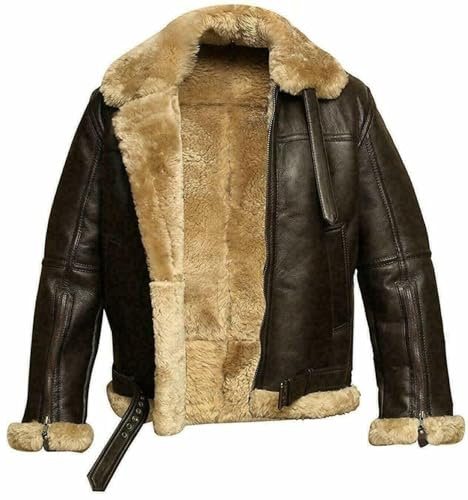 CHAYELL Giacca invernale da uomo in vera pelle di pecora B3 marrone Shearling Aviator WW2 pilota di volo, Marrone, Large