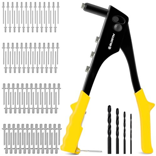 BLOSTM Kit de pistola de remache pop, 100 remaches en 4 tamaños (2,4 mm, 3,2 mm, 4 mm, 4,8 mm), 4 piezas nasales de remache, 4 brocas, remachadora manual para metal, plástico, reparación de