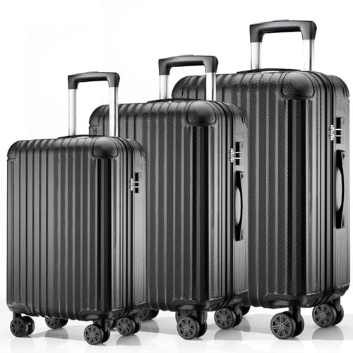 ABISTAB Hartschalen Kofferset 3-teilig, Leicht Koffer Trolley | Reisekoffer für Familienreisen | 4 Rollen & Zahlenschloss | Schwarz