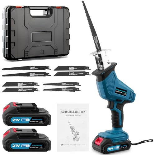 Bellanny Säbelsäge Akku, 21V Kabellose Reciprosäge mit 2 x 2.0Ah Akku, 0-4000 RPM Bürstenloser Motor Universalsäge, Tragbar Elektrische Säbelsäge mit LED Licht, Säge für Holz PVC Metallschneiden, Blau