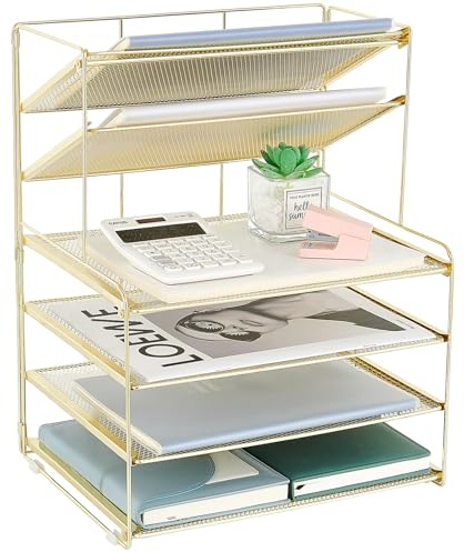 OPNICE Desk Organizer, 6-Tier Letter Tray Paper Organizer, Desktop File Organizer, Office Desk Accessories & Office Decor for Women, Workspace Organizer for Office Supplies(Gold)