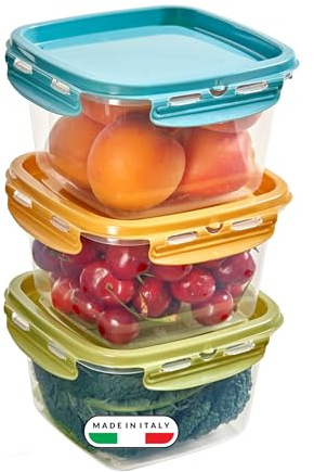 Snips Lock Mixcolor - Set 3 Contenitori per Alimenti 1L, Coperchio Salva Freschezza con 4 Chiusure di Sicurezza - Contenitore per Cibi 14,7x14,7x12 Frigorifero, Microonde e Lavastoviglie Made in Italy