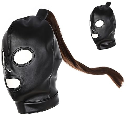 vieaying Black Leather Head Hood Mask With Detachable Wig Punk Headgear Full Face Mask for Halloween Christmas Valentine's Day Party Cosplay